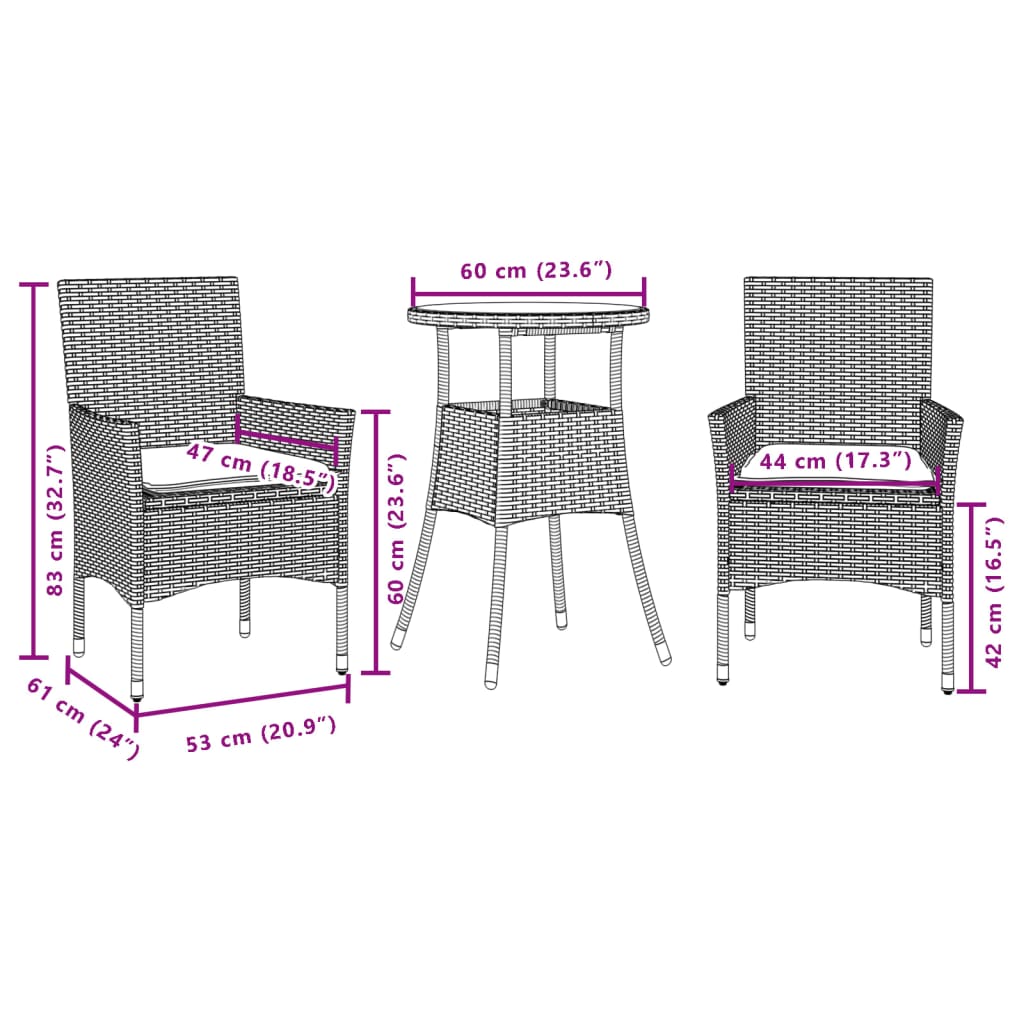 Set mobilier de gradina cu perne 3 piese negru poliratan&sticla — imaginea 7