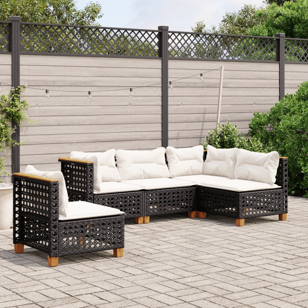 Set mobilier de gradina cu perne, 5 piese, negru, poliratan — imaginea 2