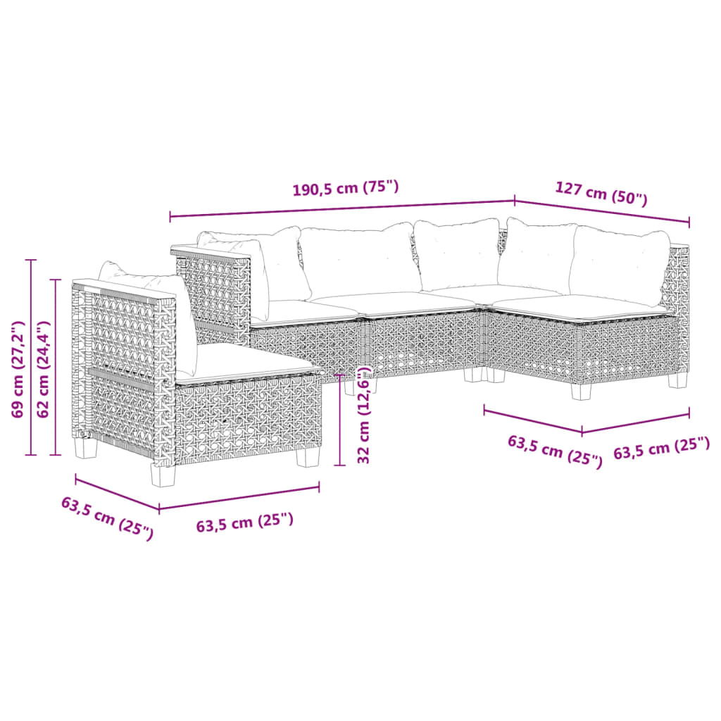 Set mobilier de gradina cu perne, 5 piese, negru, poliratan — imaginea 6
