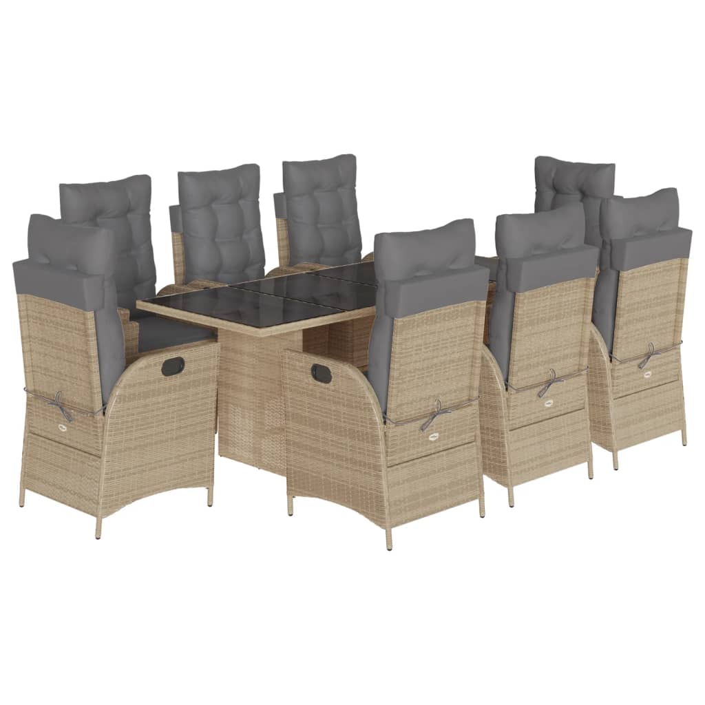 Set de masa pentru gradina, 9 piese, cu perne, bej, poliratan