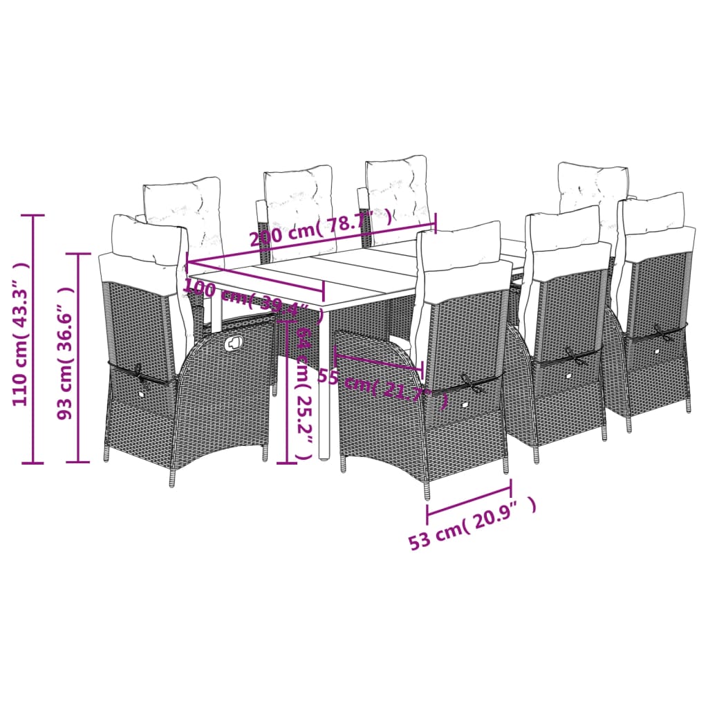 Set mobilier de gradina cu perne, 9 piese, maro, poliratan — imaginea 9