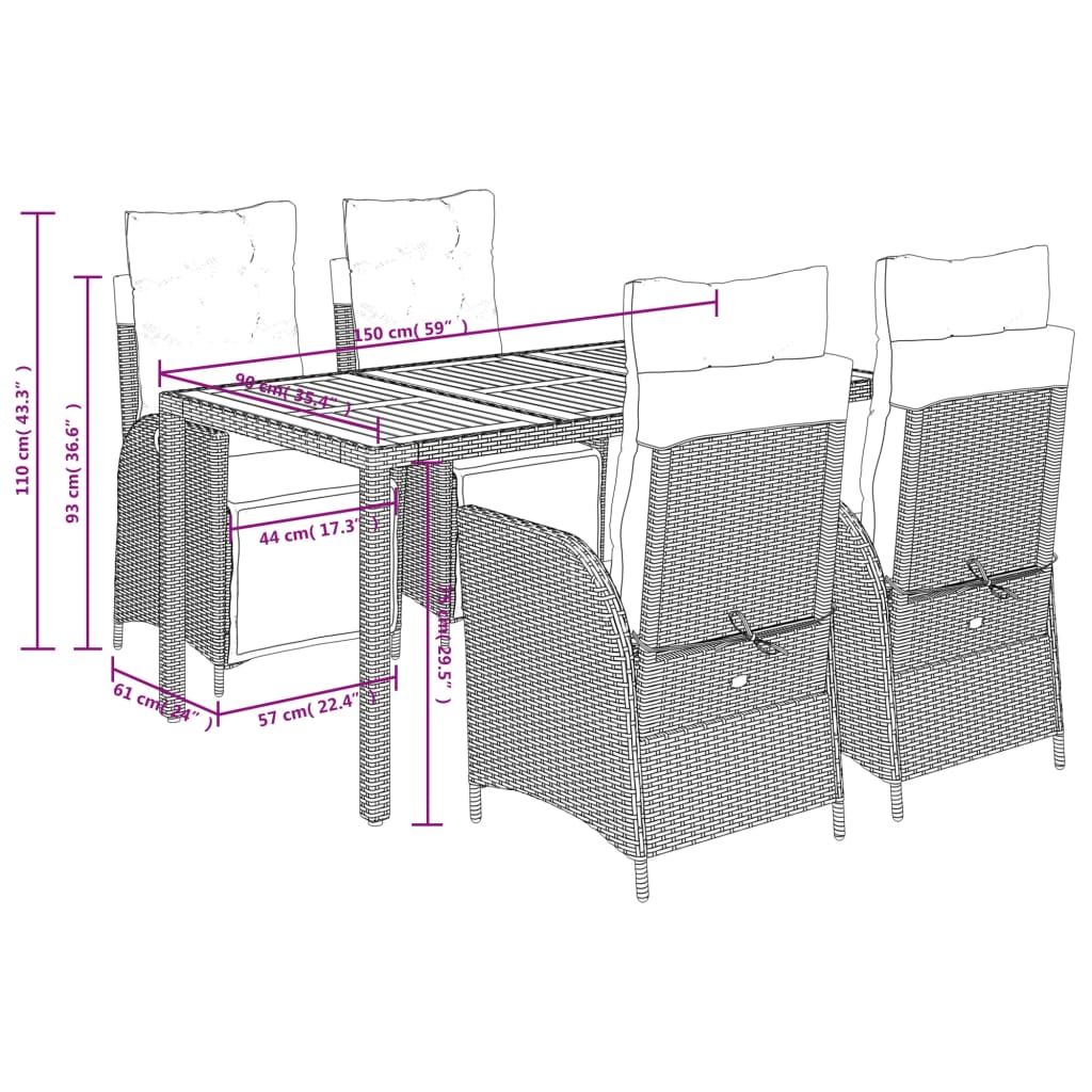 Set mobilier de gradina cu perne, 5 piese, negru, poliratan — imaginea 9