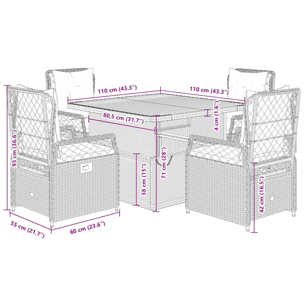 Set mobilier de gradina cu perne, 5 piese, negru, poliratan — imaginea 9