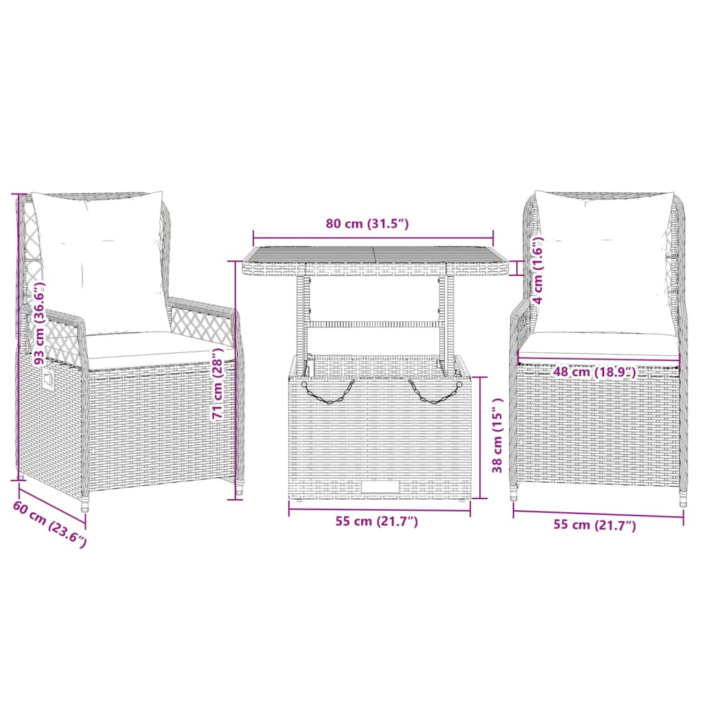Set mobilier de gradina cu perne, 3 piese, negru, poliratan — imaginea 9