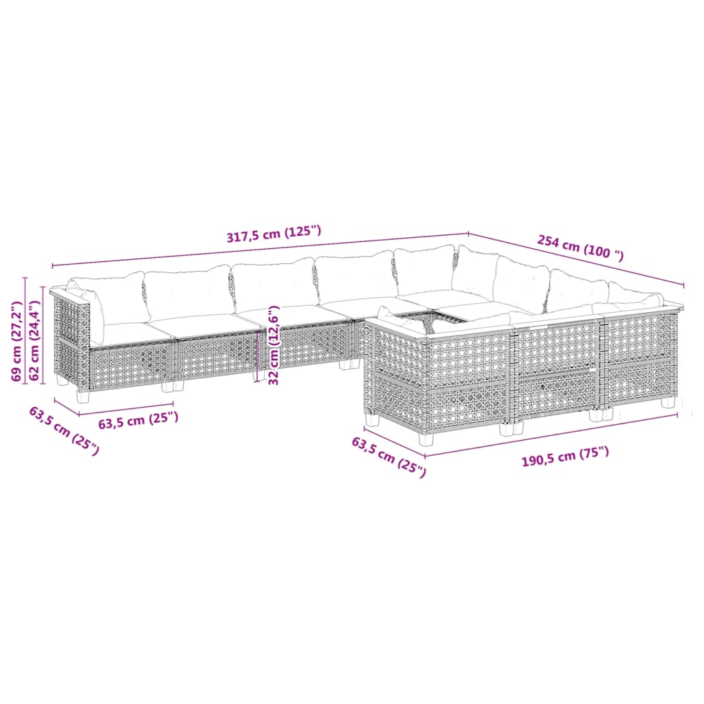 Set canapele de gradina cu perne, 10 piese, negru, poliratan — imaginea 6