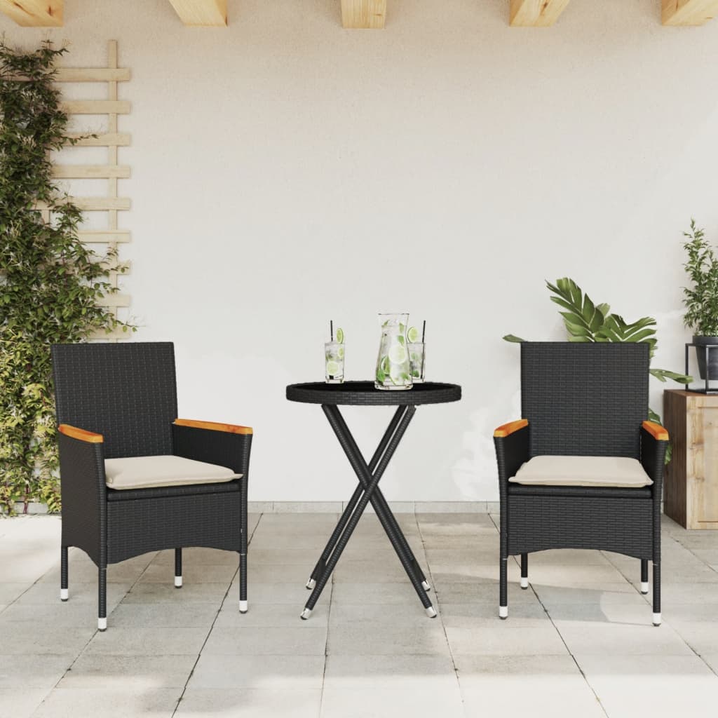 Set bistro cu perne, 3 piese, negru, poliratan si sticla — imaginea 2