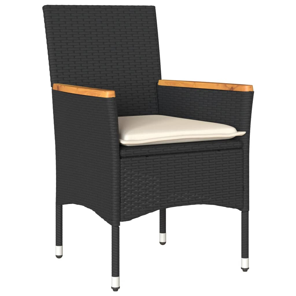 Set bistro cu perne, 3 piese, negru, poliratan si sticla — imaginea 3