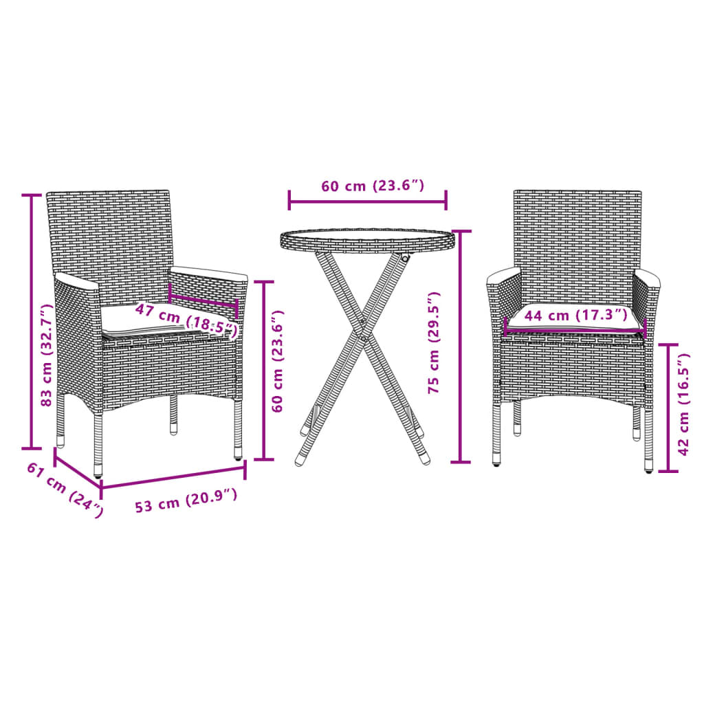 Set bistro cu perne, 3 piese, negru, poliratan si sticla — imaginea 7