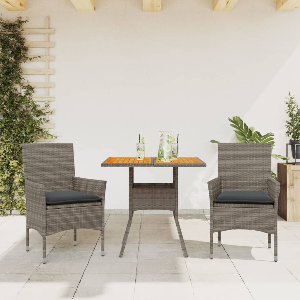 Set mobilier gradina cu perne 3 piese gri poliratan/lemn acacia — imaginea 2