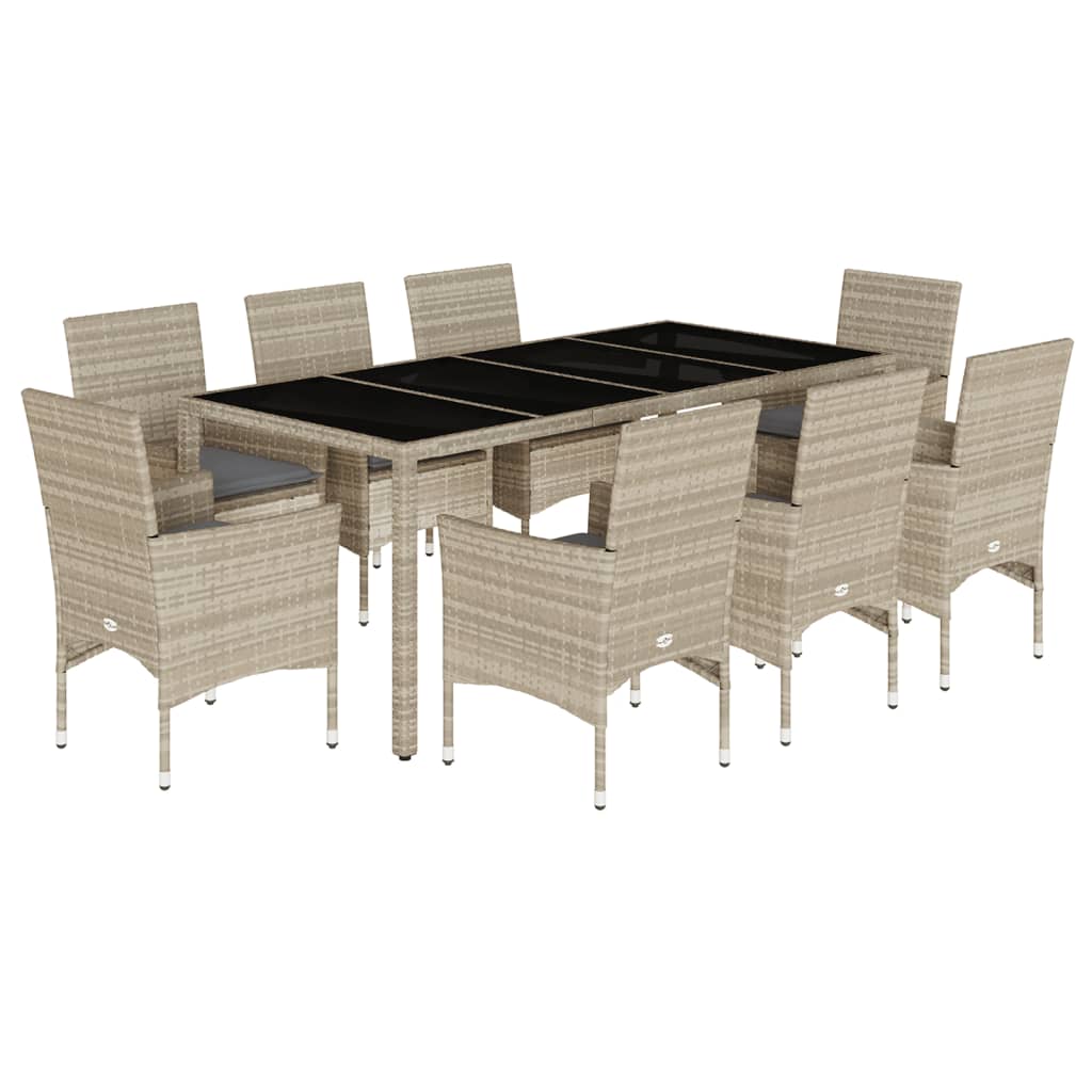 Set mobilier de gradina cu perne 9 piese gri poliratan & sticla