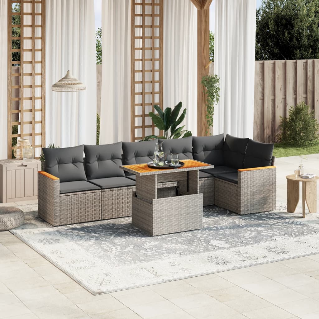 Set canapele de gradina, 7 piese, cu perne, gri, poliratan — imaginea 2