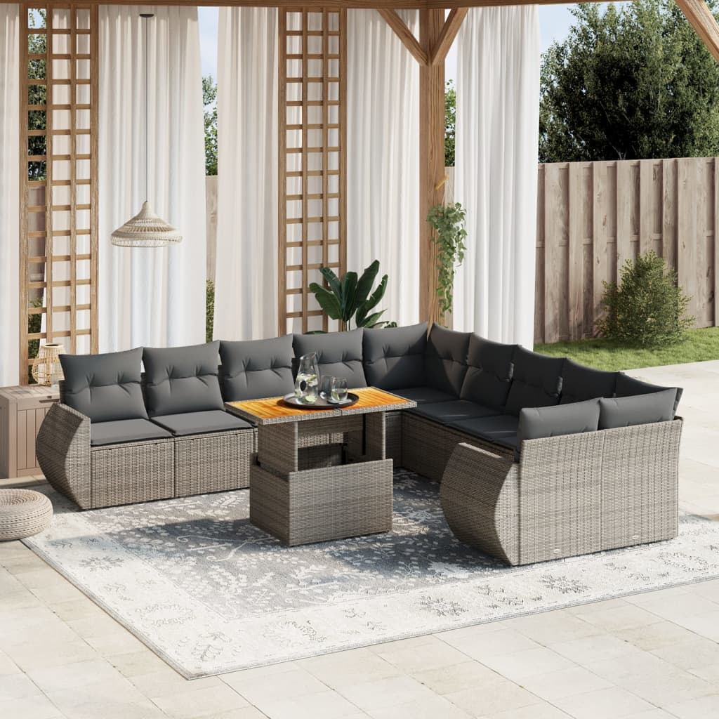 Set canapele de gradina cu perne, 11 piese, gri, poliratan — imaginea 2