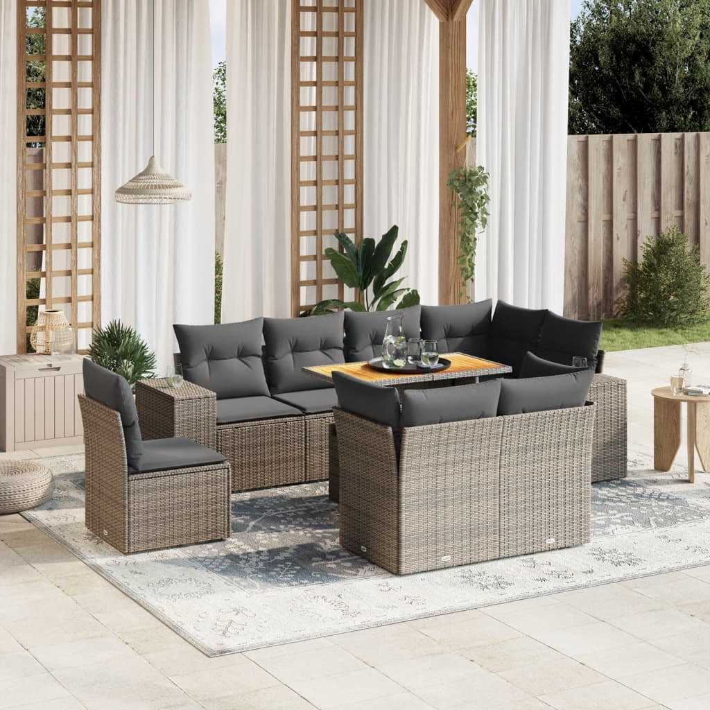 Set canapele de gradina, 9 piese, cu perne, gri, poliratan — imaginea 2
