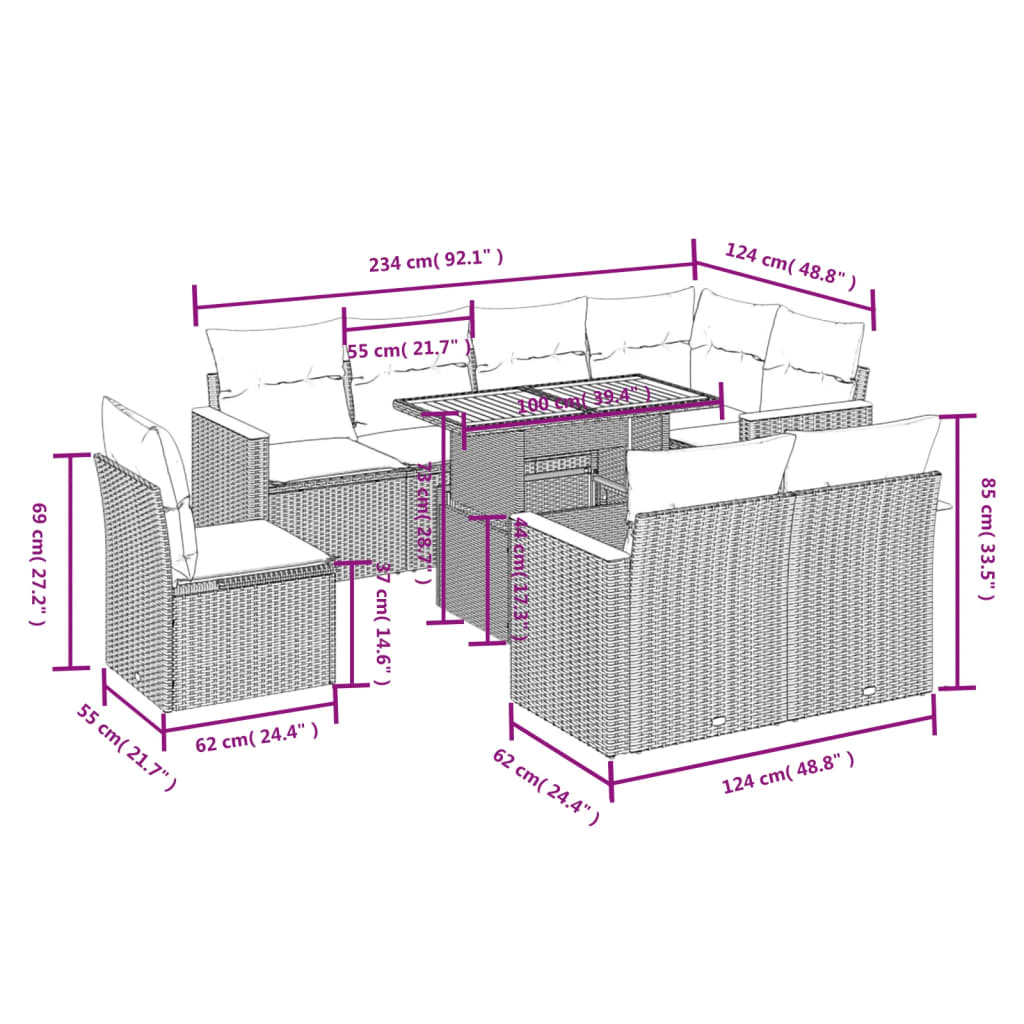 Set canapele de gradina, 9 piese, cu perne, gri, poliratan — imaginea 3