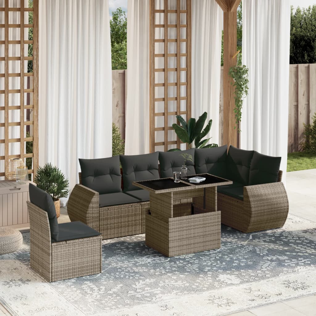 Set canapele de gradina, 7 piese, cu perne, gri, poliratan — imaginea 2