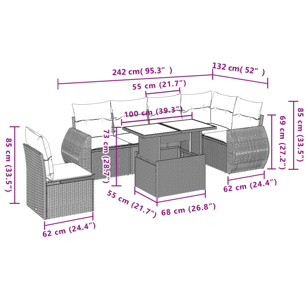 Set canapele de gradina, 7 piese, cu perne, gri, poliratan — imaginea 9