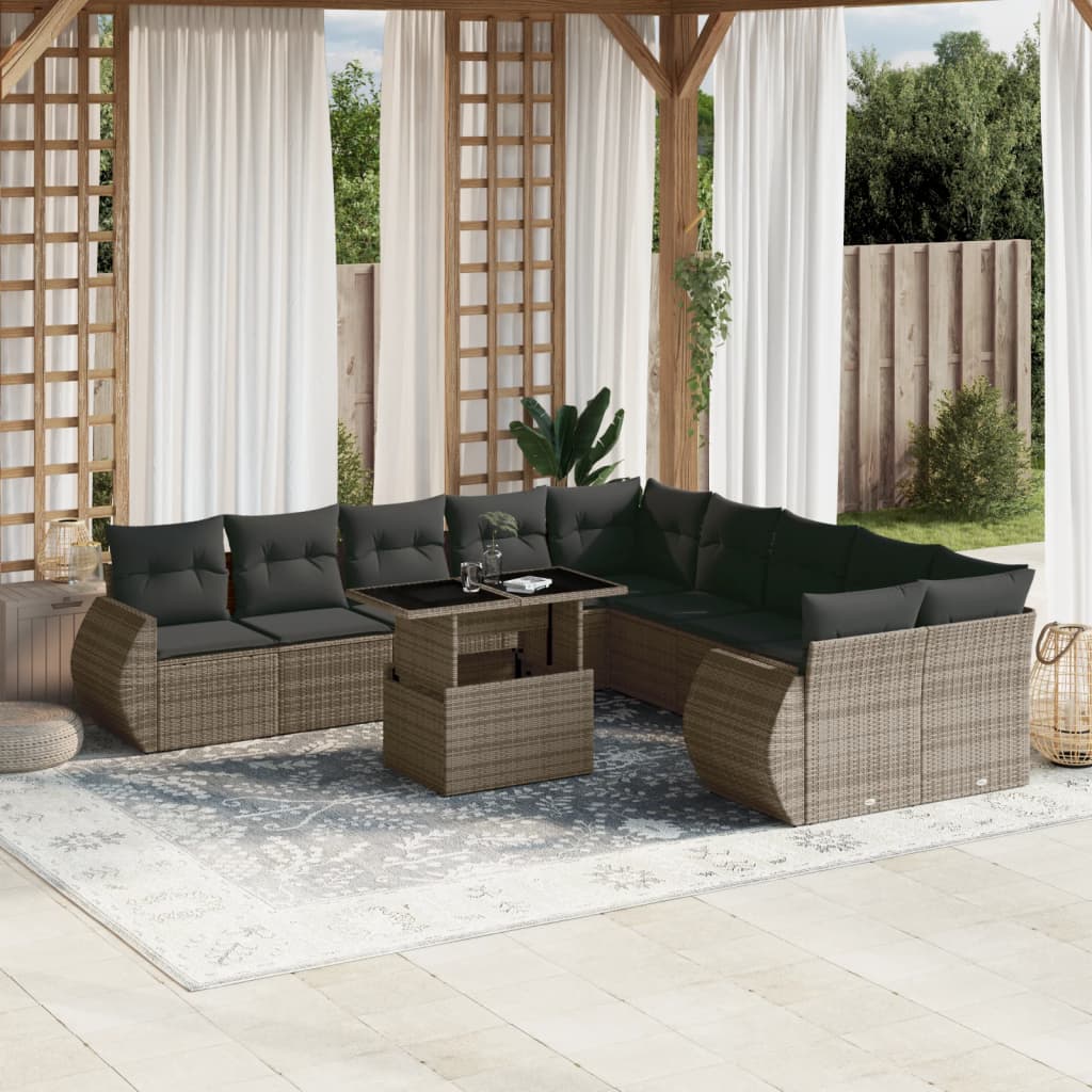 Set canapele de gradina cu perne, 11 piese, gri, poliratan — imaginea 2