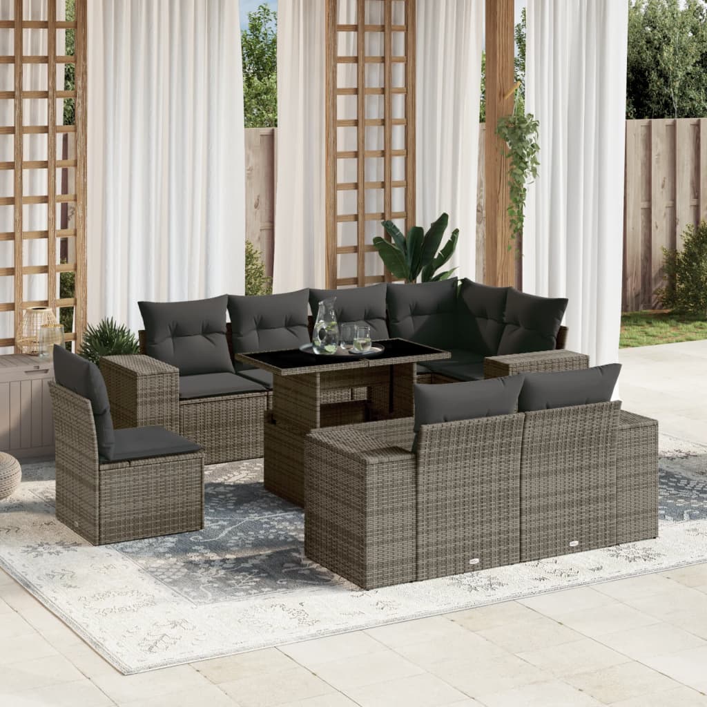 Set canapele de gradina, 9 piese, cu perne, gri, poliratan — imaginea 2