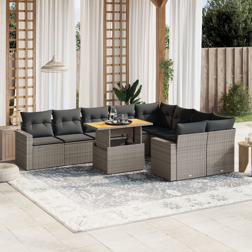 Set mobilier de gradina cu perne, 10 piese, gri, poliratan — imaginea 2
