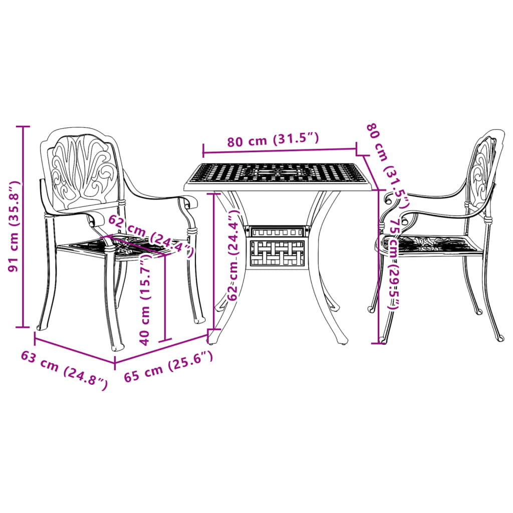 Set mobilier bistro, 3 piese, negru, aluminiu turnat — imaginea 11