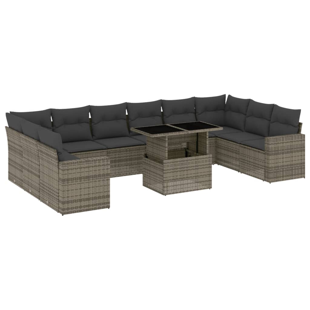 Set canapele de gradina cu perne, 11 piese, gri, poliratan