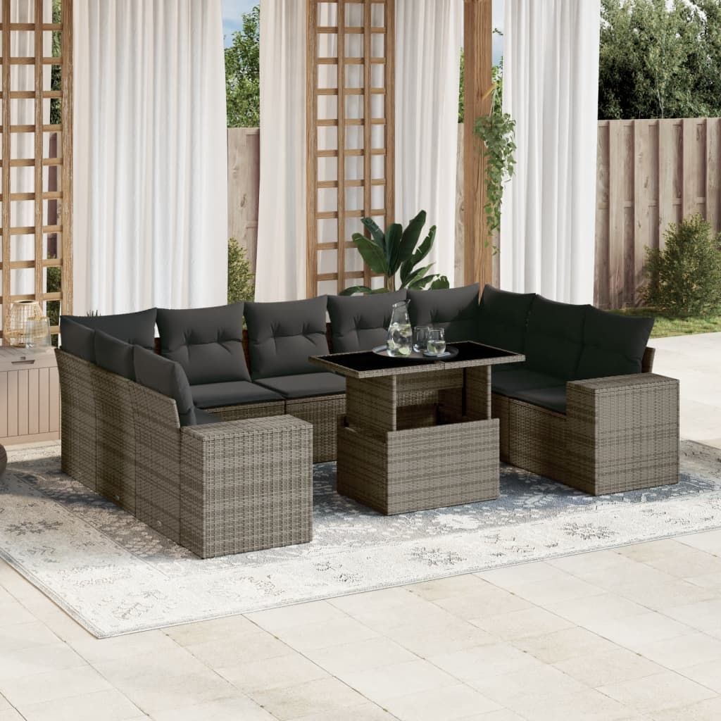 Set mobilier de gradina cu perne, 10 piese, gri, poliratan — imaginea 2
