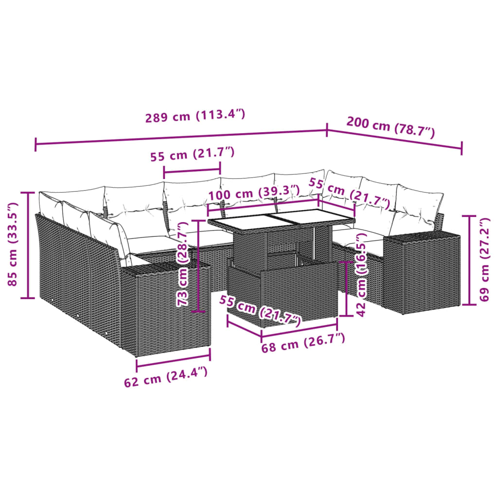 Set mobilier de gradina cu perne, 10 piese, gri, poliratan — imaginea 11