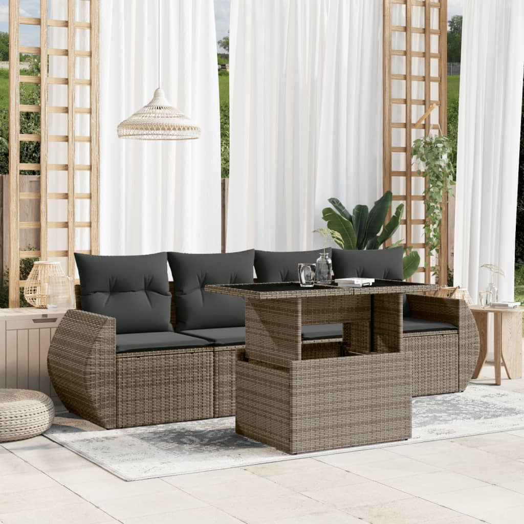 Set canapea de gradina cu perne, 5 piese, gri, poliratan — imaginea 2