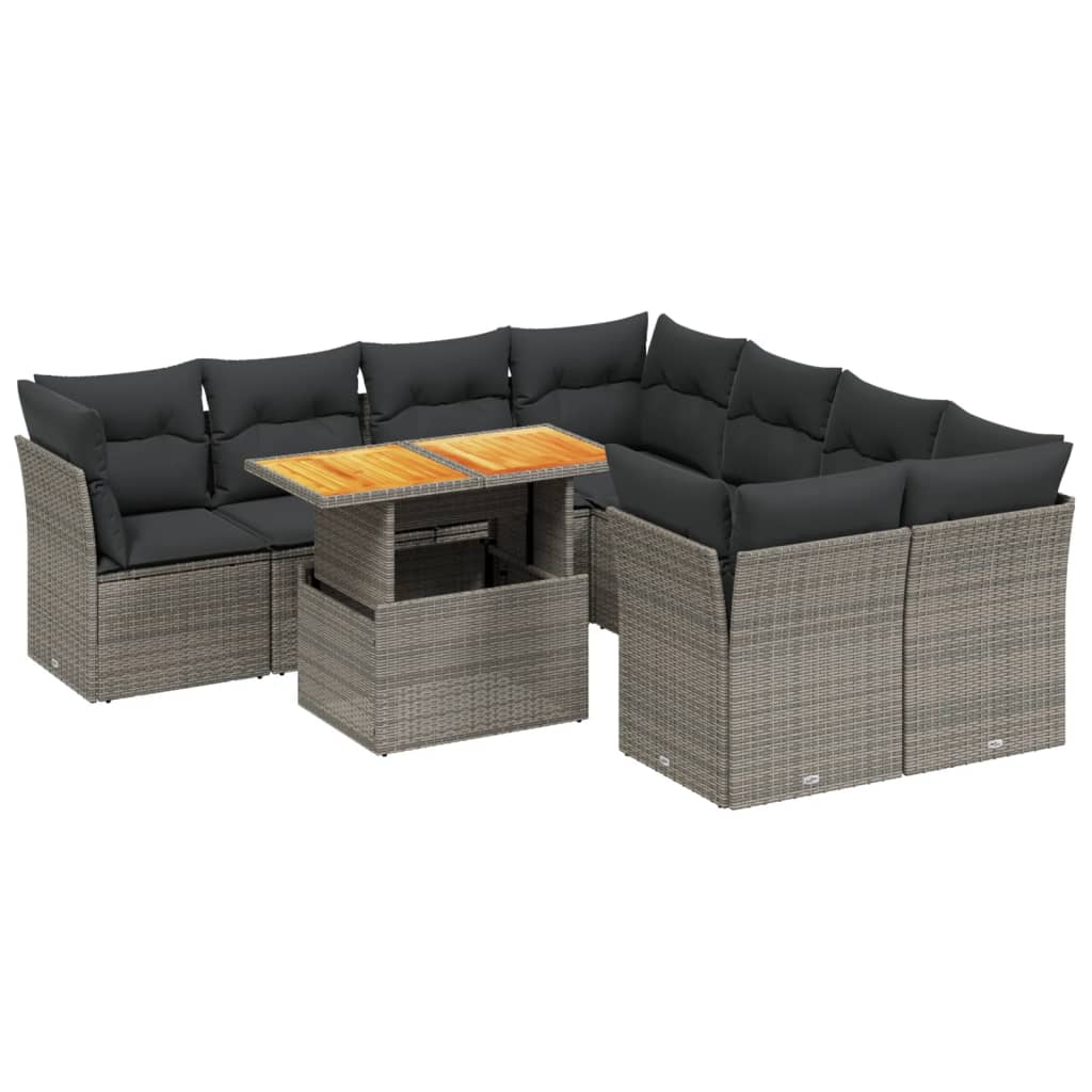 Set canapele de gradina, 9 piese, cu perne, gri, poliratan