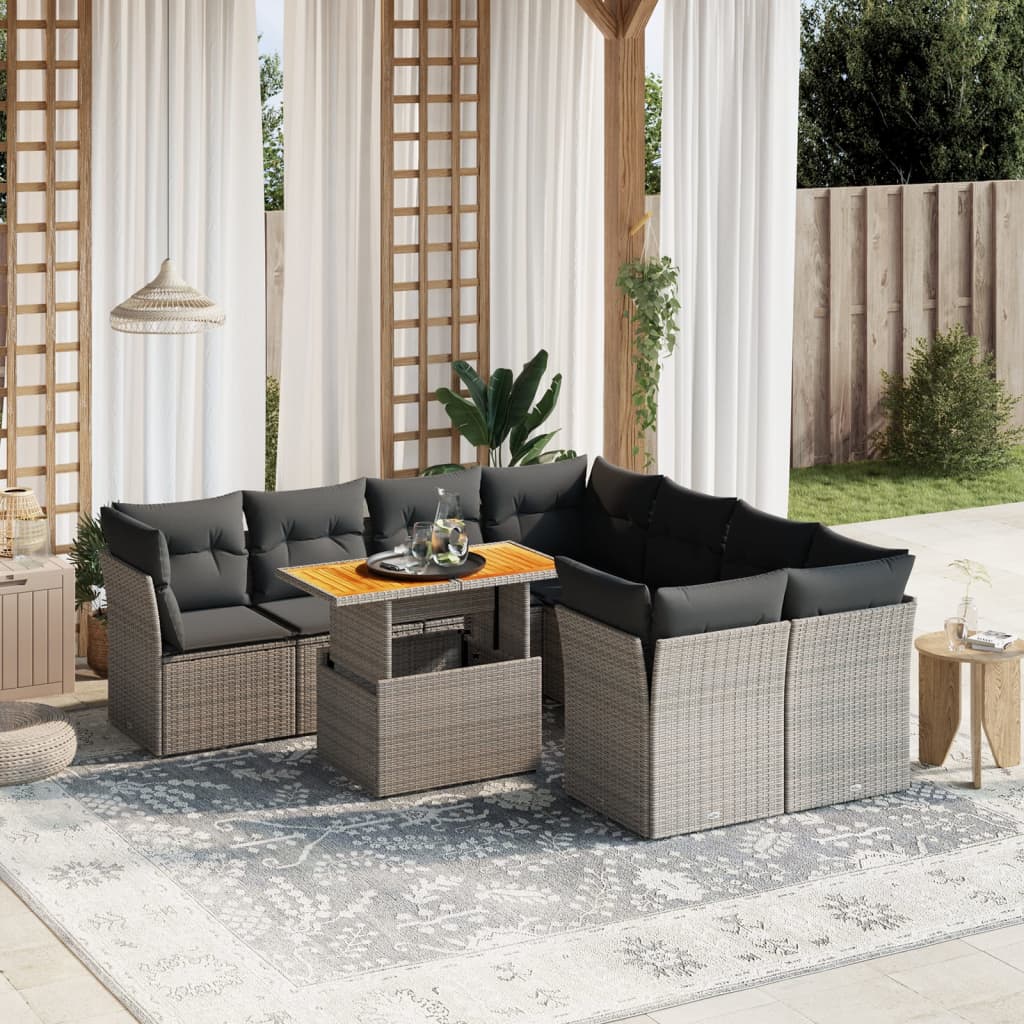 Set canapele de gradina, 9 piese, cu perne, gri, poliratan — imaginea 2