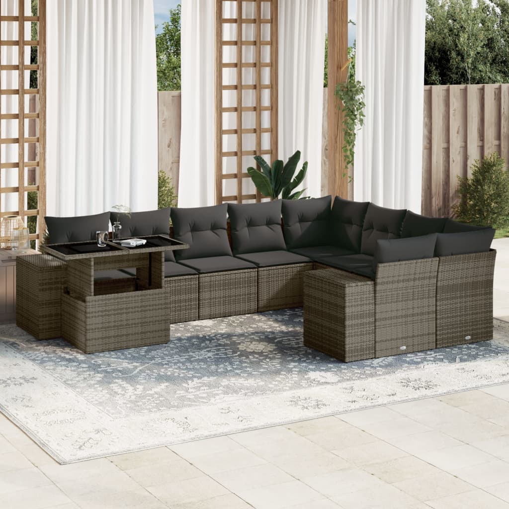 Set mobilier de gradina cu perne, 10 piese, gri, poliratan — imaginea 2