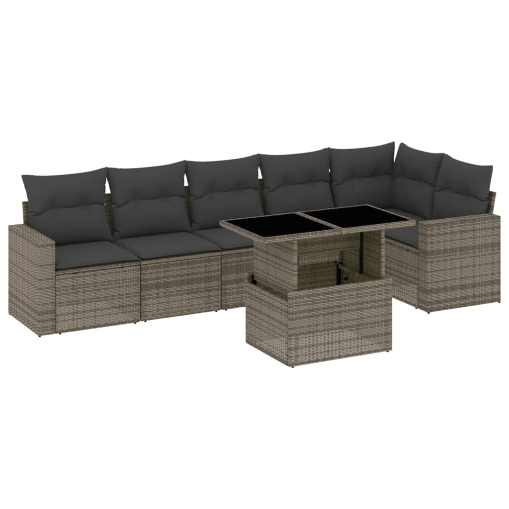 Set canapele de gradina, 7 piese, cu perne, gri, poliratan