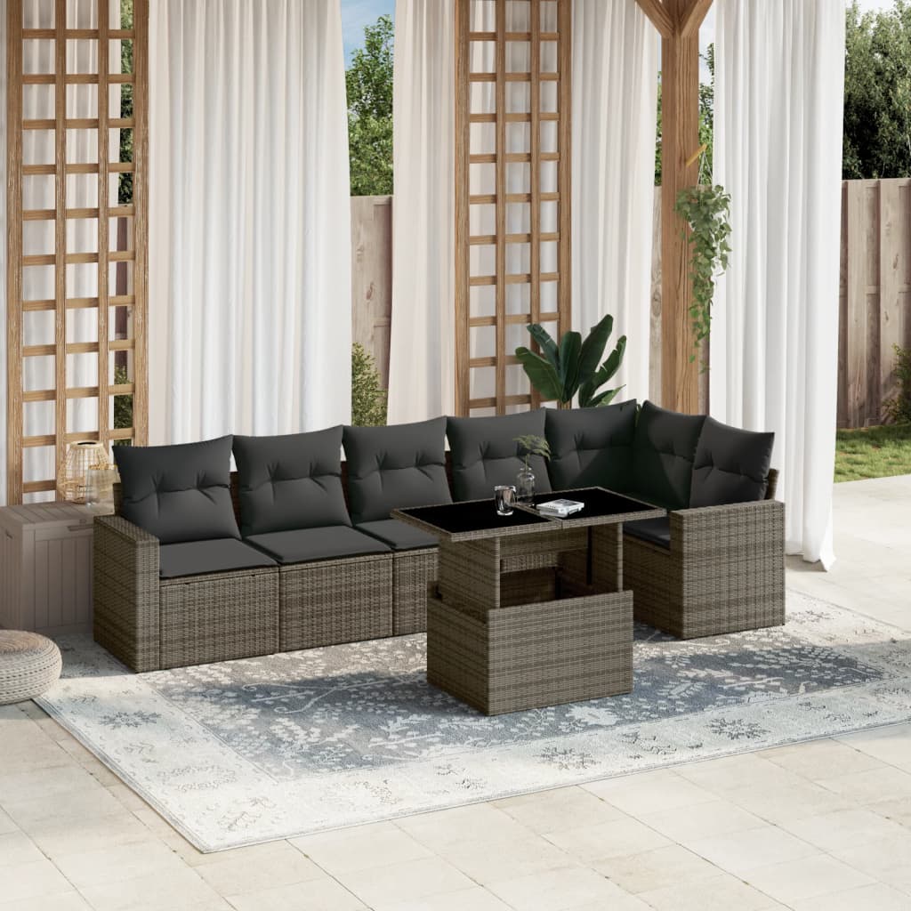 Set canapele de gradina, 7 piese, cu perne, gri, poliratan — imaginea 2