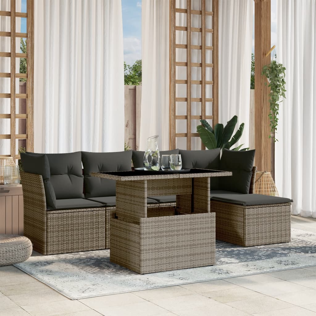 Set mobilier gradina cu perne, 6 piese, gri, poliratan — imaginea 2