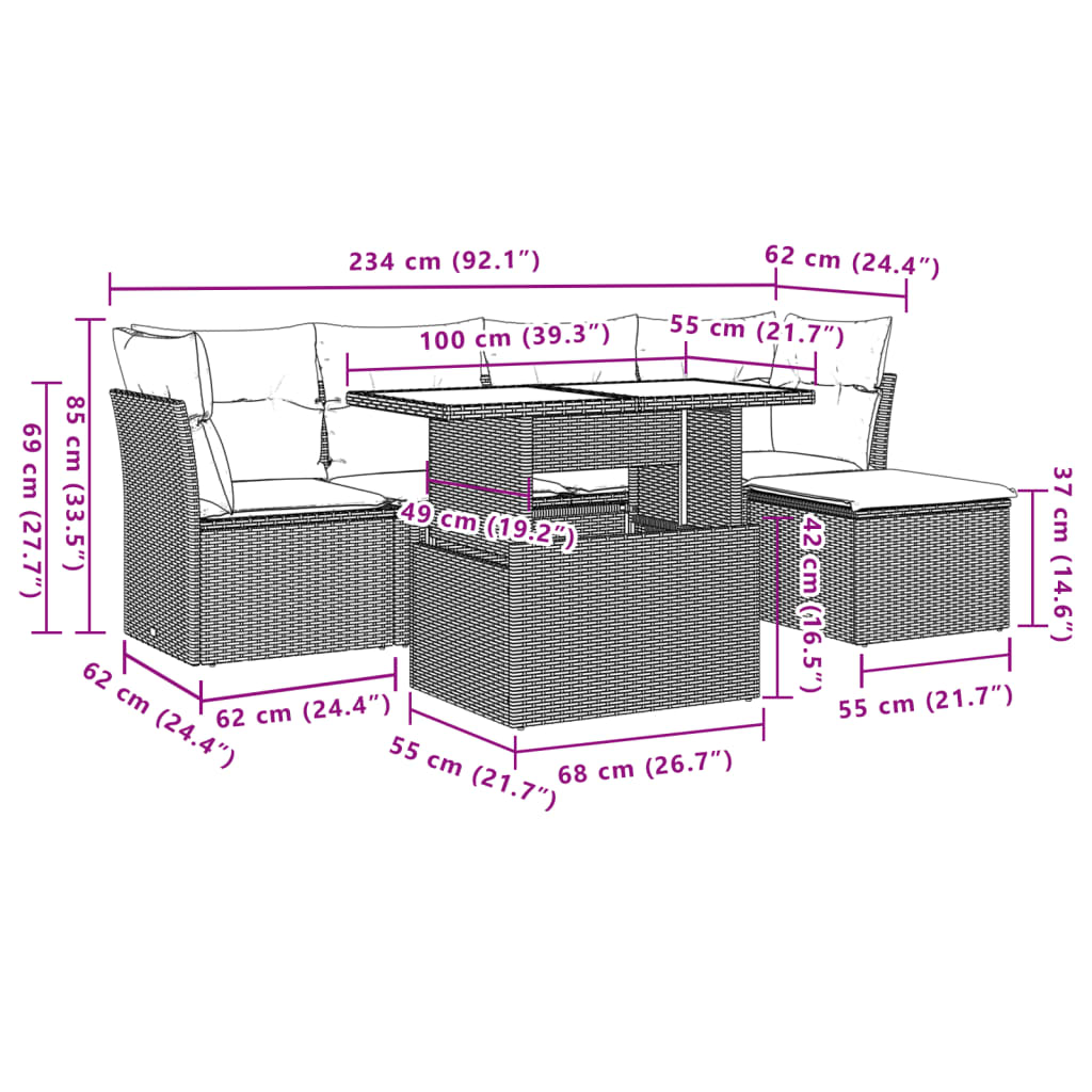 Set mobilier gradina cu perne, 6 piese, gri, poliratan — imaginea 10