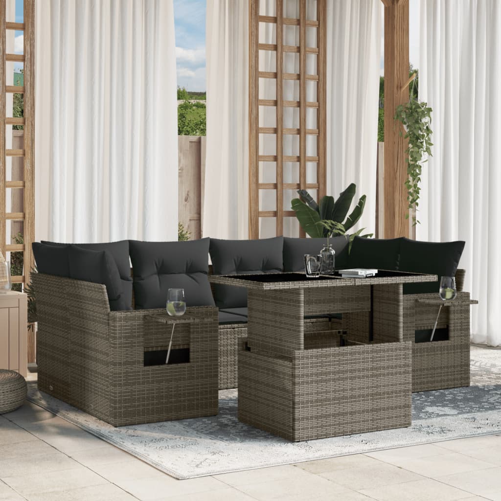 Set canapele de gradina, 7 piese, cu perne, gri, poliratan — imaginea 2
