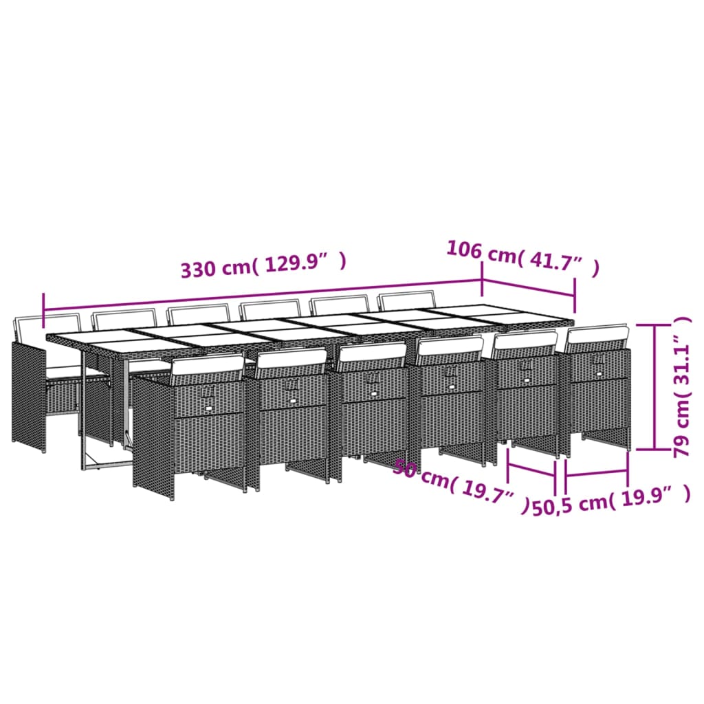 Set mobilier de gradina cu perne, 13 piese, gri, poliratan — imaginea 9
