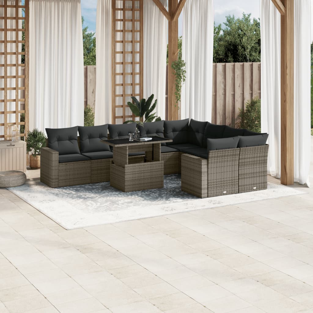 Set mobilier de gradina cu perne, 10 piese, gri, poliratan — imaginea 2