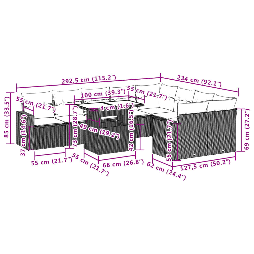 Set mobilier de gradina cu perne, 10 piese, gri, poliratan — imaginea 11