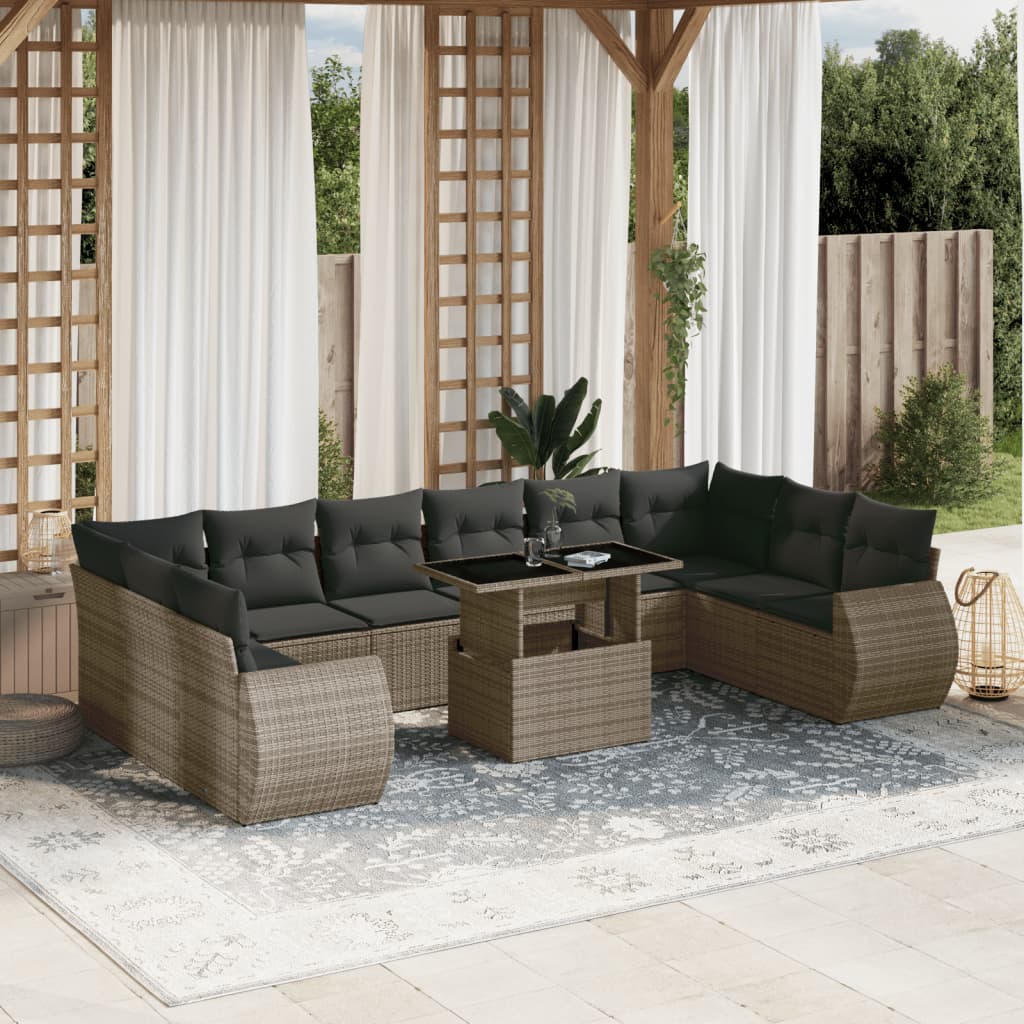 Set canapele de gradina cu perne, 11 piese, gri, poliratan — imaginea 3