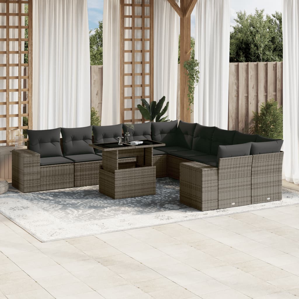 Set canapele de gradina cu perne, 11 piese, gri, poliratan — imaginea 2