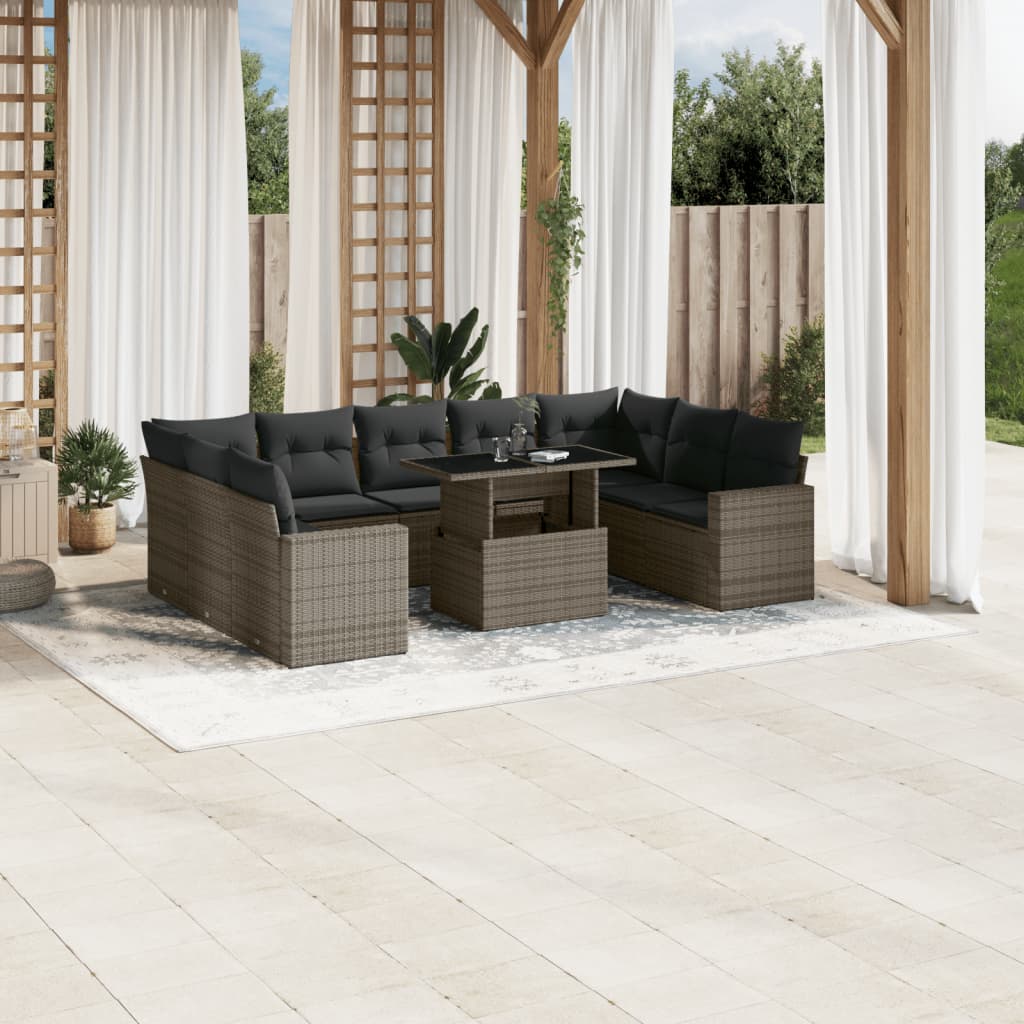 Set mobilier de gradina cu perne, 10 piese, gri, poliratan — imaginea 2