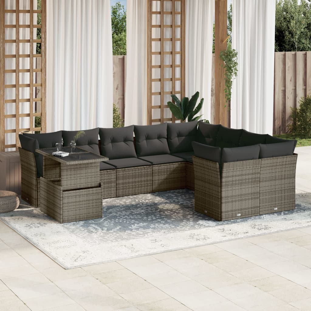 Set mobilier de gradina cu perne, 10 piese, gri, poliratan — imaginea 2