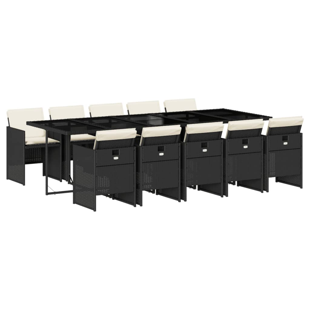 Set mobilier de exterior cu perne, 11 piese, negru, poliratan