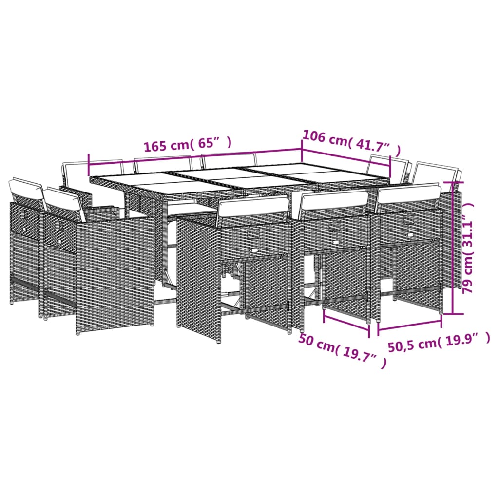 Set mobilier de gradina cu perne, 11 piese, maro, poliratan — imaginea 8