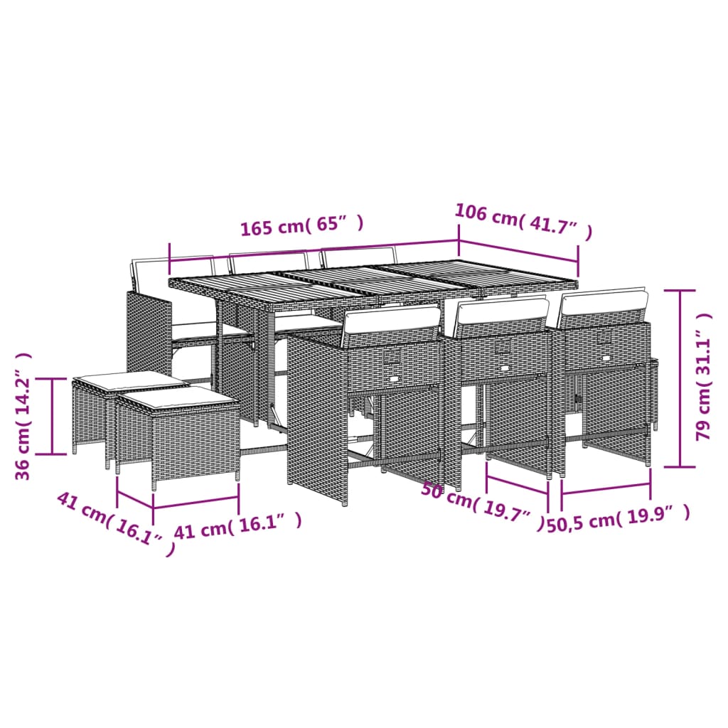 Set mobilier de exterior cu perne, 11 piese, negru, poliratan — imaginea 11