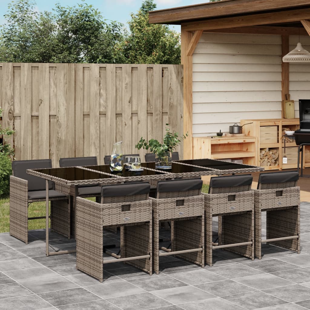 Set mobilier gradina cu perne, 9 piese, gri, poliratan — imaginea 2
