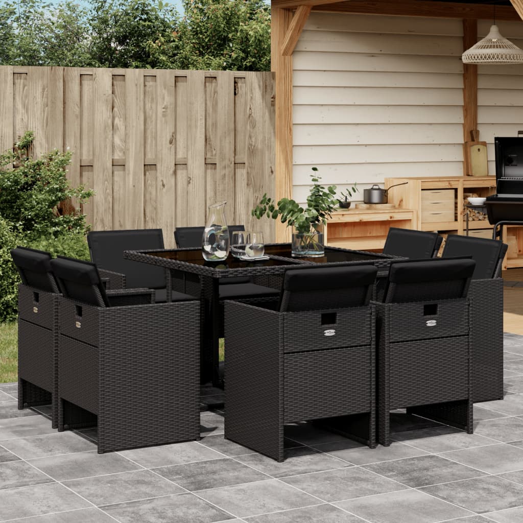 Set mobilier de gradina cu perne, 9 piese, negru, poliratan — imaginea 2