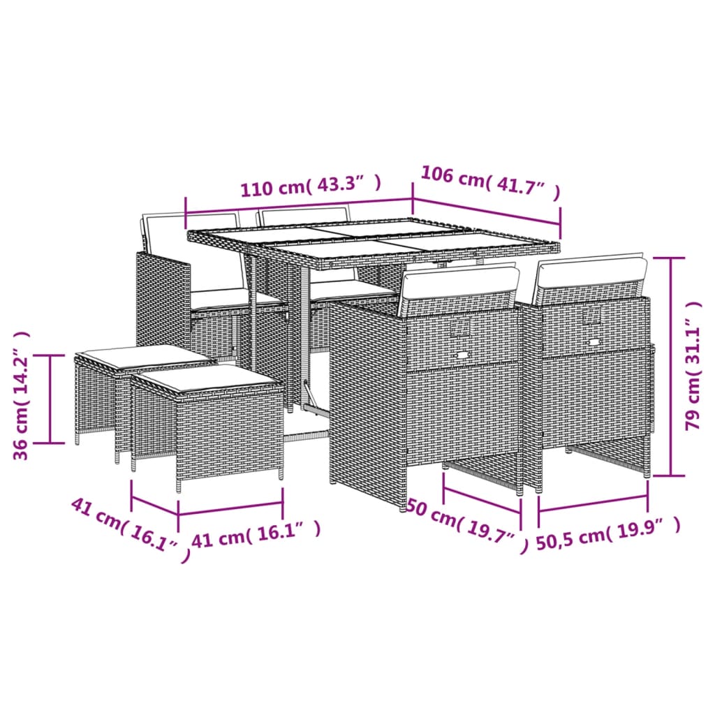 Set mobilier de gradina cu perne, 9 piese, negru, poliratan — imaginea 11