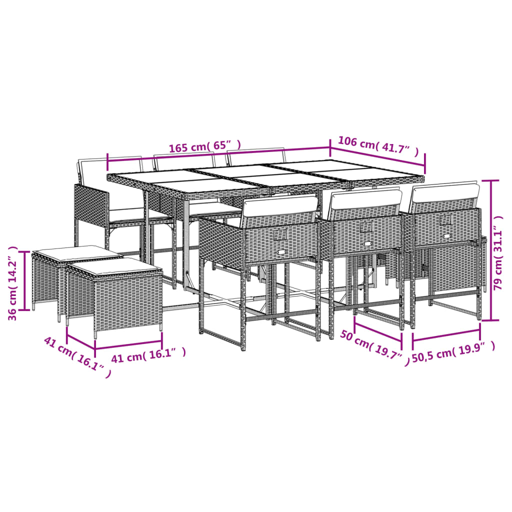 Set mobilier de exterior cu perne, 11 piese, negru, poliratan — imaginea 11